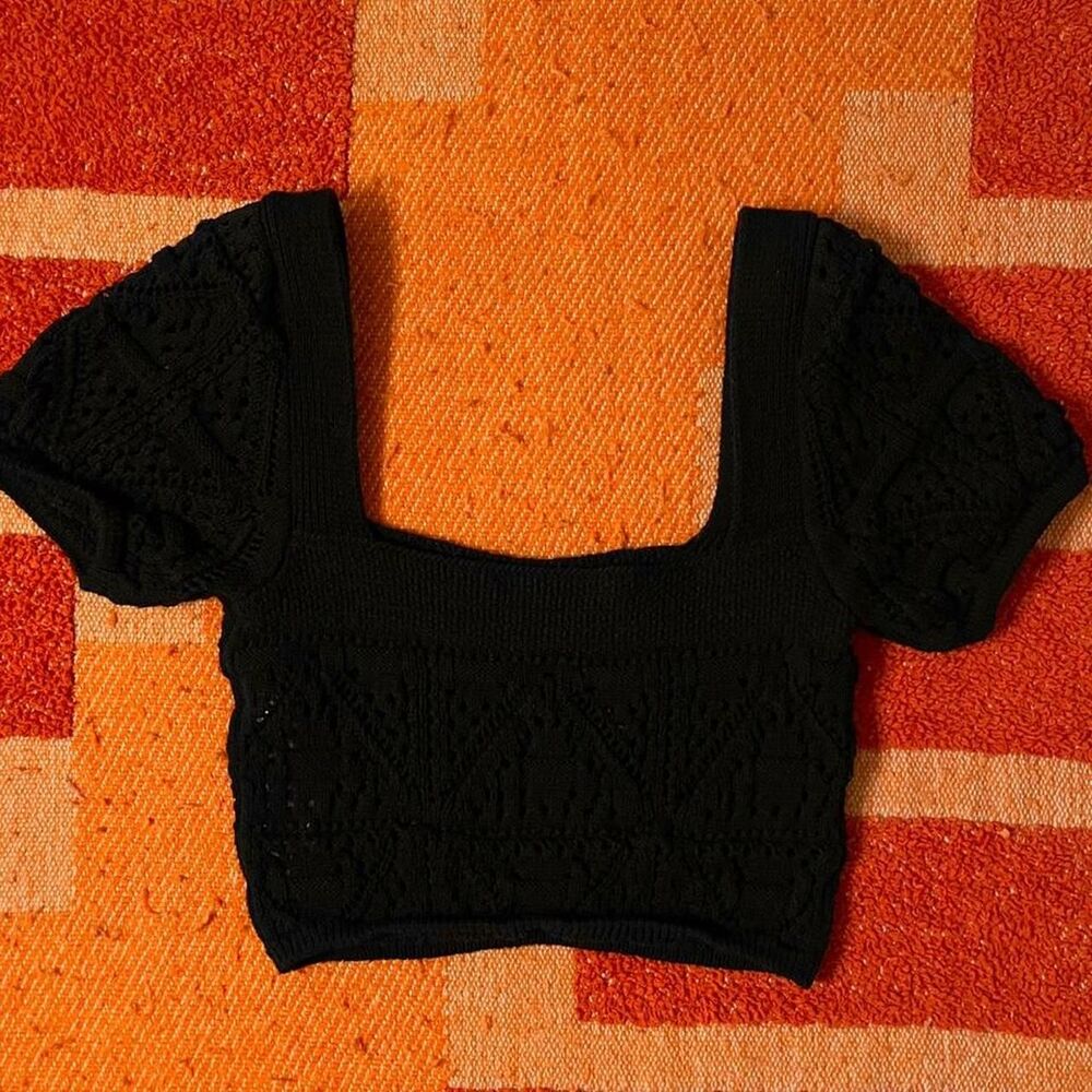 Zara Knitted Crop Top Beachy Summer Crochet Sleeved Blouse Black XS - Picture 2 of 5